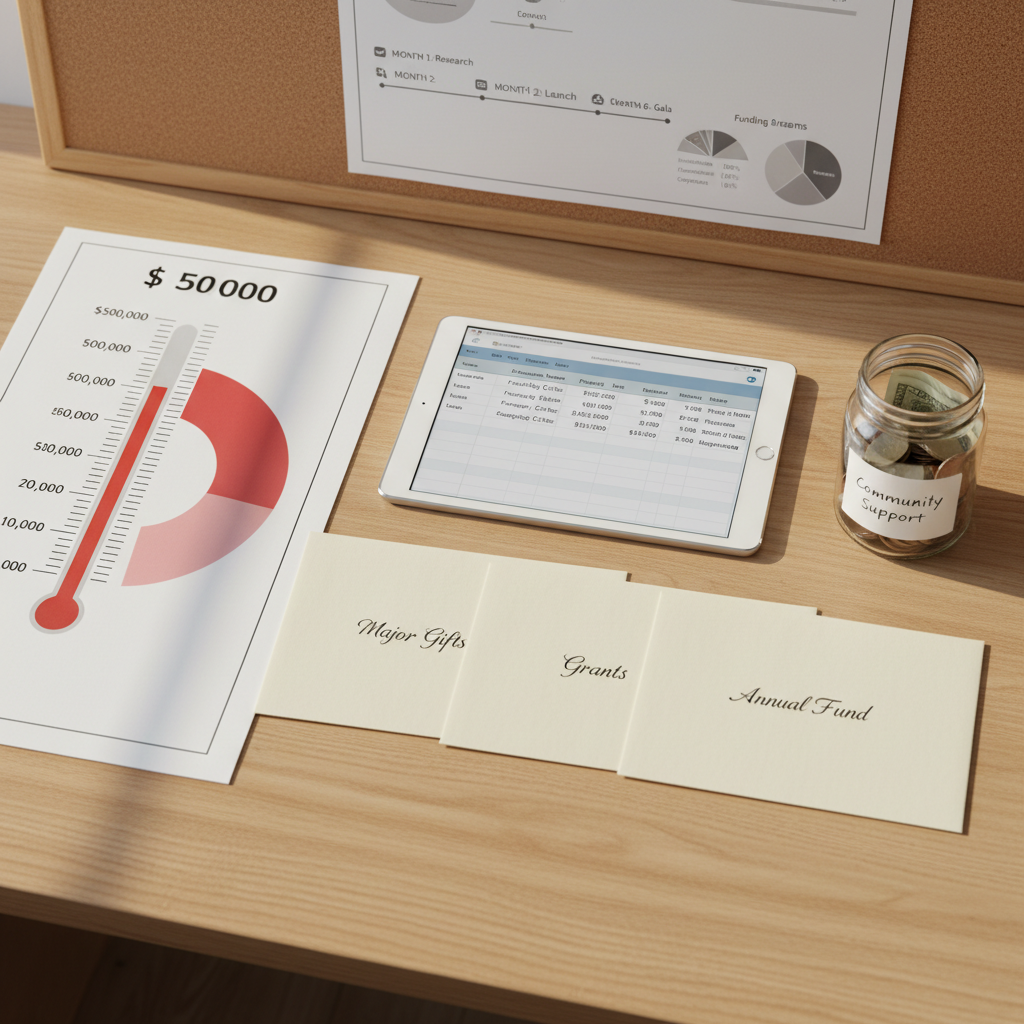 A carefully curated fundraising planning scene on a light oak desk: a large printed thermometer-style goal chart partially colored in red, an open spreadsheet on a slim tablet showing donation levels, neatly arranged envelopes labeled “Major Gifts,” “Grants,” and “Annual Fund,” and a small glass jar half-filled with coins and folded bills labeled “Community Support.” Behind the desk, a blurred pinboard displays a clean timeline of campaign milestones and simple pie charts of funding streams. Gentle afternoon natural light from the side creates soft highlights on paper edges and casts delicate shadows, enhancing texture. Shot from an overhead, slightly angled perspective with sharp focus throughout. The atmosphere is hopeful, organized, and energetic, using photographic realism and a clean, bright aesthetic to express effective nonprofit fundraising strategy.