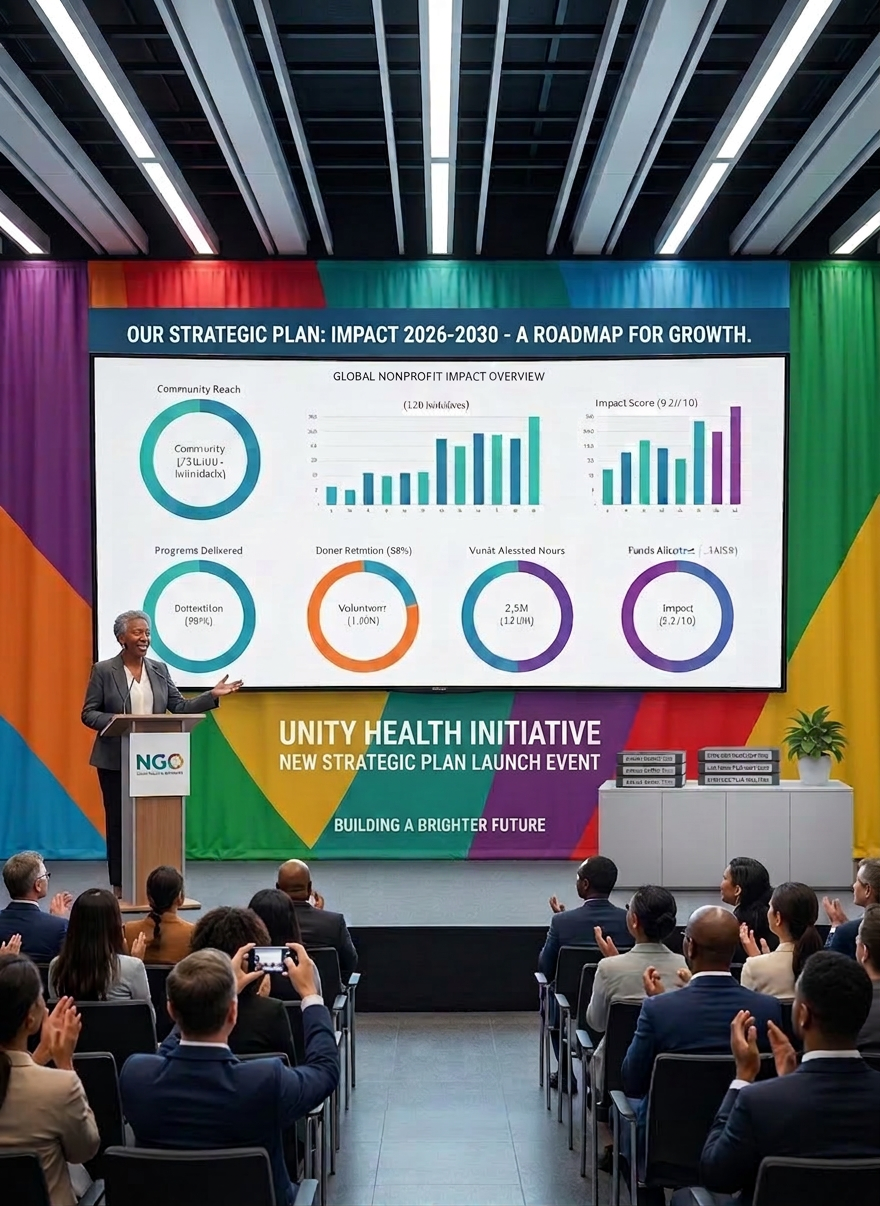 Speaker presenting Unity Health Initiative's 2028 strategic plan with charts and audience applauding
